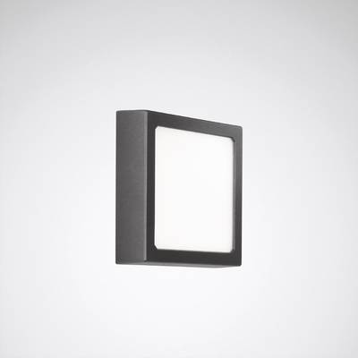 Černé, čtvercové nástěnné svítidlo s bílou světelnou plochou na šedém pozadí. Moderní design vhodný do exteriéru i interiéru.