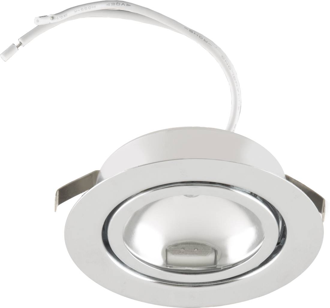 Bílé vestavné LED svítidlo s připojeným napájecím kabelem a pružinami pro instalaci do stropu.