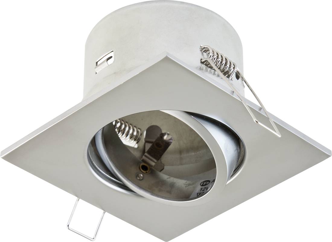 Bílá vestavná stropní bodovka se čtvercovým obvodovým prvkem a nastavitelným kruhovým otevorem pro lampu, zobrazená na bílém pozadí.
