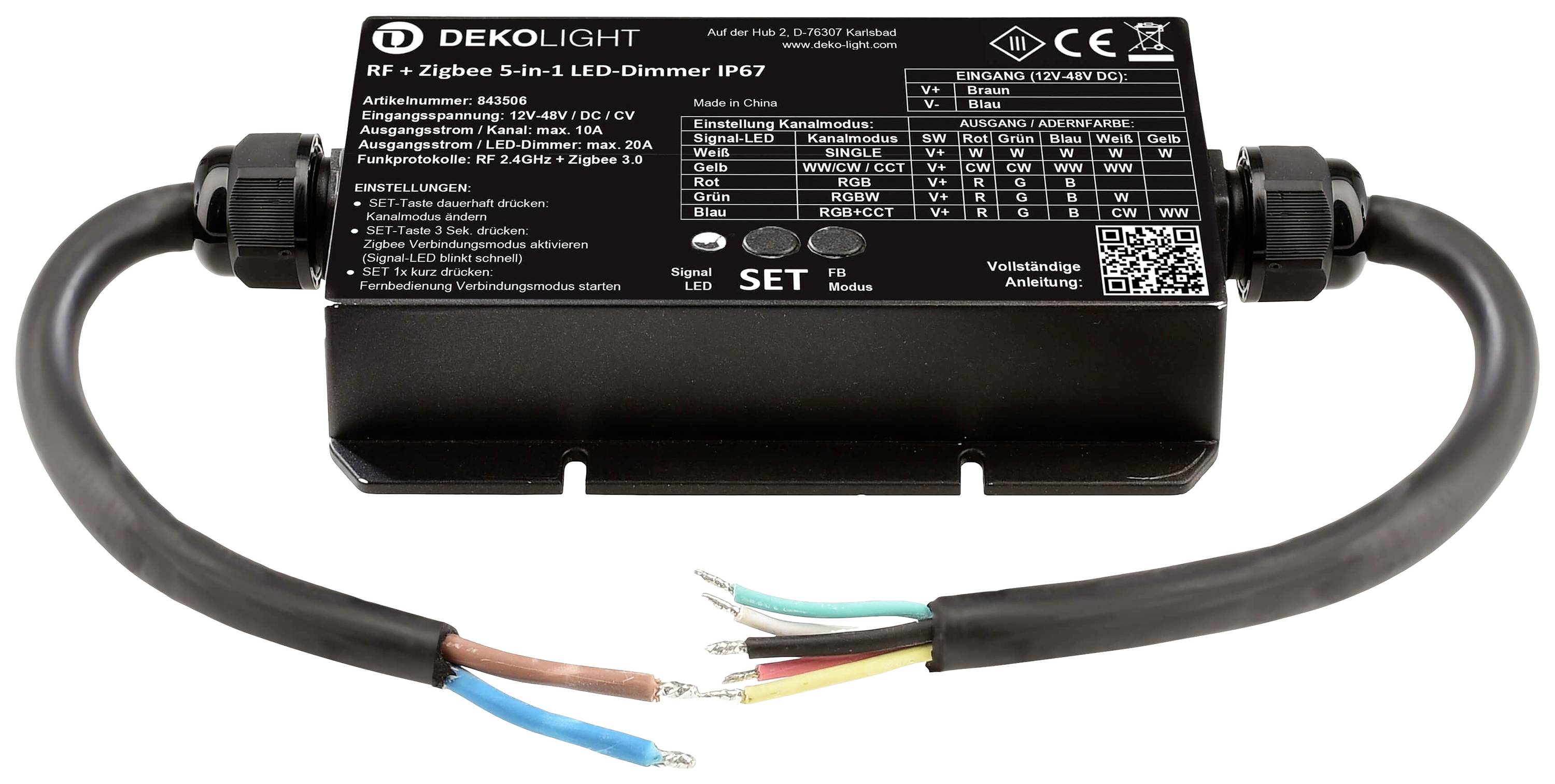 'RF + Zigbee 5-in-1 LED stmívač IP67' zobrazuje černé zařízení s kabely. Tabulka nahoře popisuje technické specifikace.