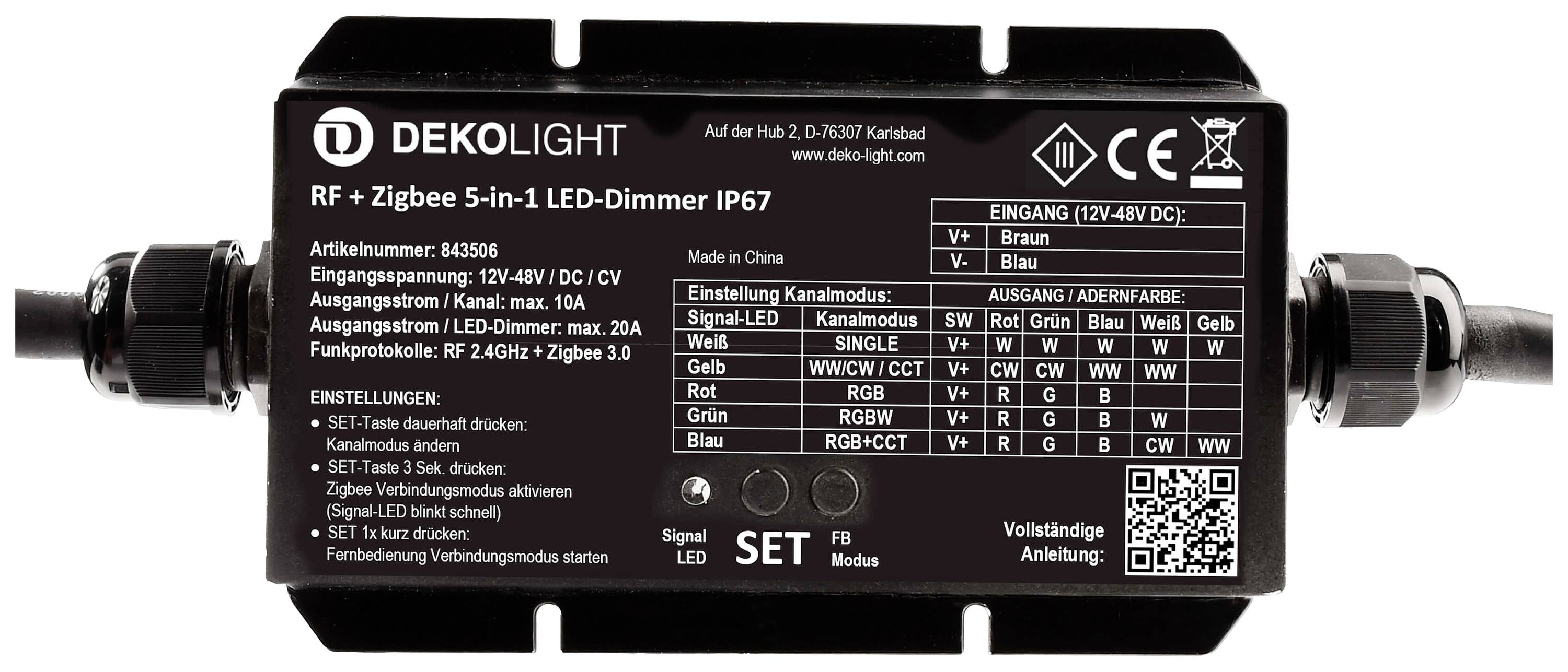 'DEKOLIGHT RF + Zigbee 5-in-1 LED stmívač'. Vstup: 12-48V DC, výstup: max. 10A. Nastavení pro bílé nebo RGB LED diody.