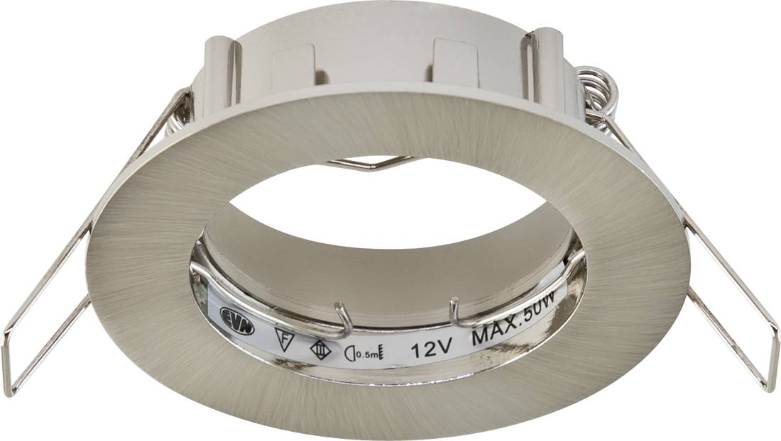 Kartáčovaný kovový vestavný kulatý LED svítidlo s pružinami a viditelnýmštítkem "12V MAX. 50W".