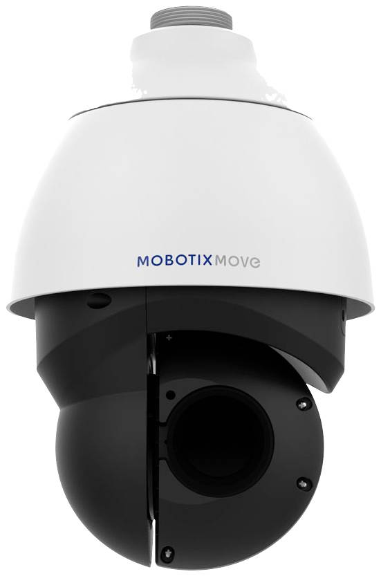 Černobílá bezpečnostní kamera s nápisem 'MOBOTIX MOVE' na horní straně.