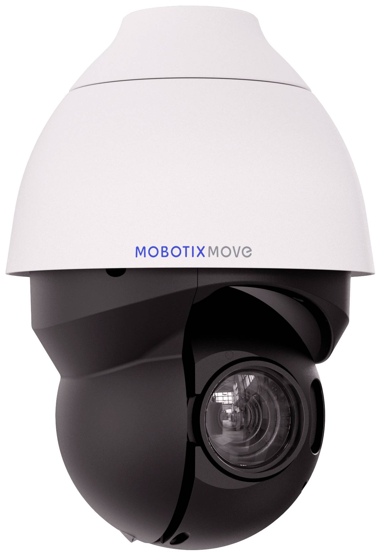 Bezpečnostní kamera v moderním designu s otočným objektivem, s názvem značky 'Mobotix Move' na bílém krytu.