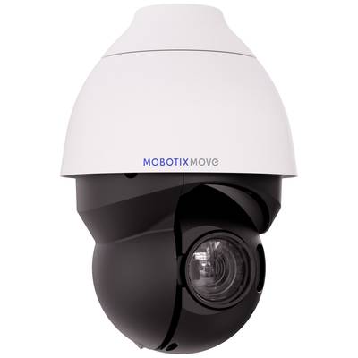 Bezpečnostní kamera v moderním designu s otočným objektivem, s názvem značky 'Mobotix Move' na bílém krytu.