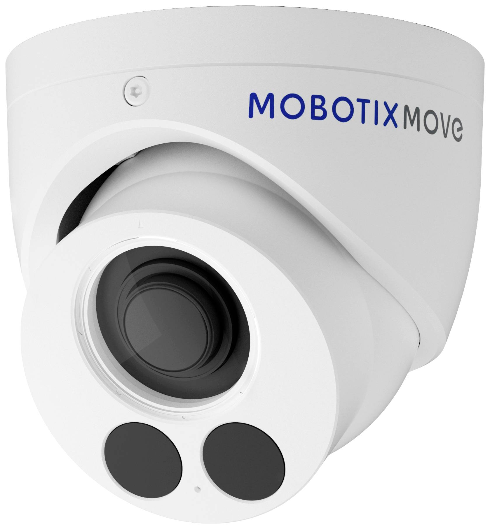 Dohledová kamera značky MOBOTIXMove instalovaná na stropě. Hlavní charakteristika: širokoúhlý objektiv a dvě LED diody pro noční vidění.