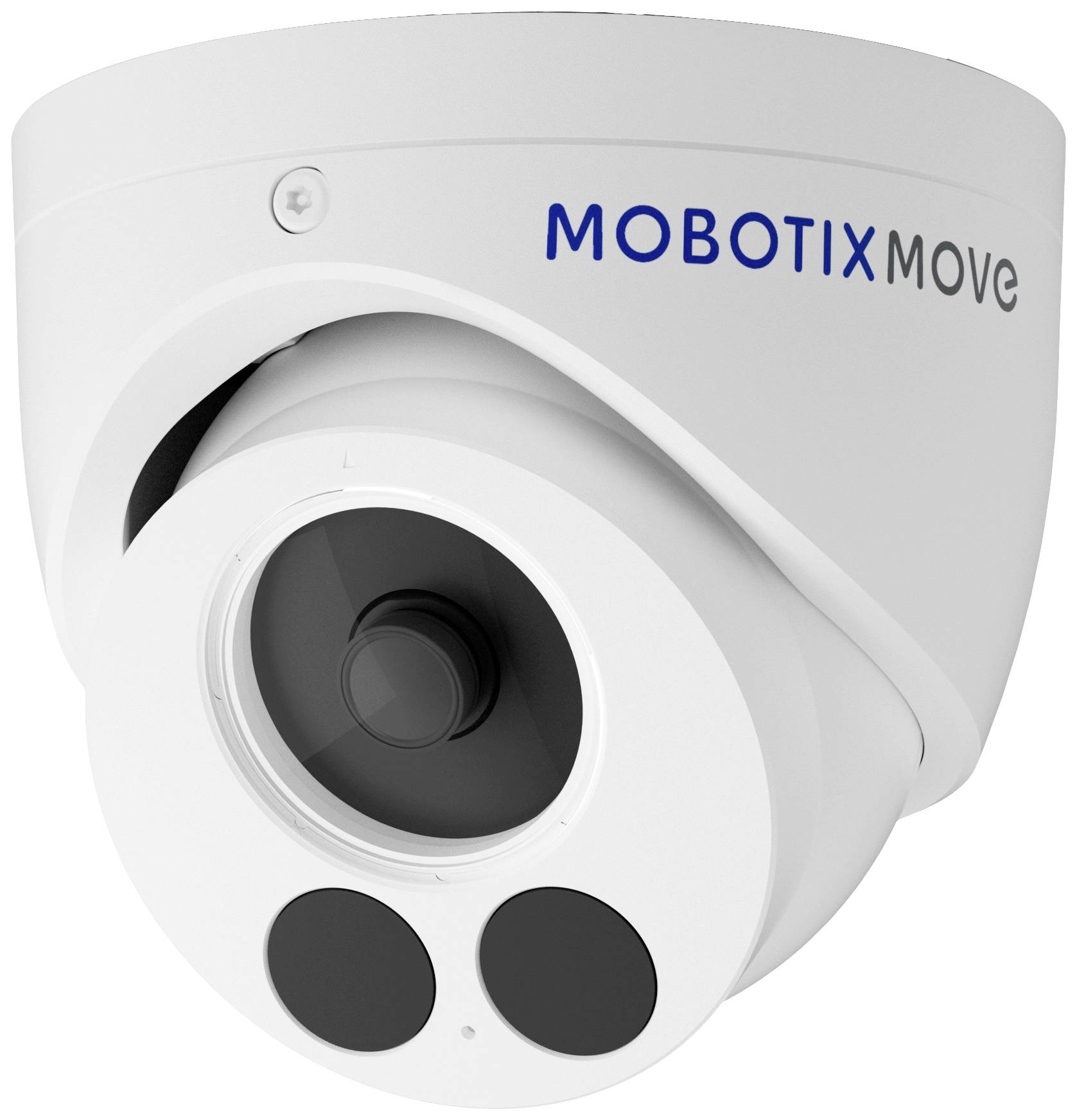 Bezpečnostní kamera s nápisem 'Mobotix Move', polokulového tvaru, vhodná pro sledování v interiérech i exteriérech.