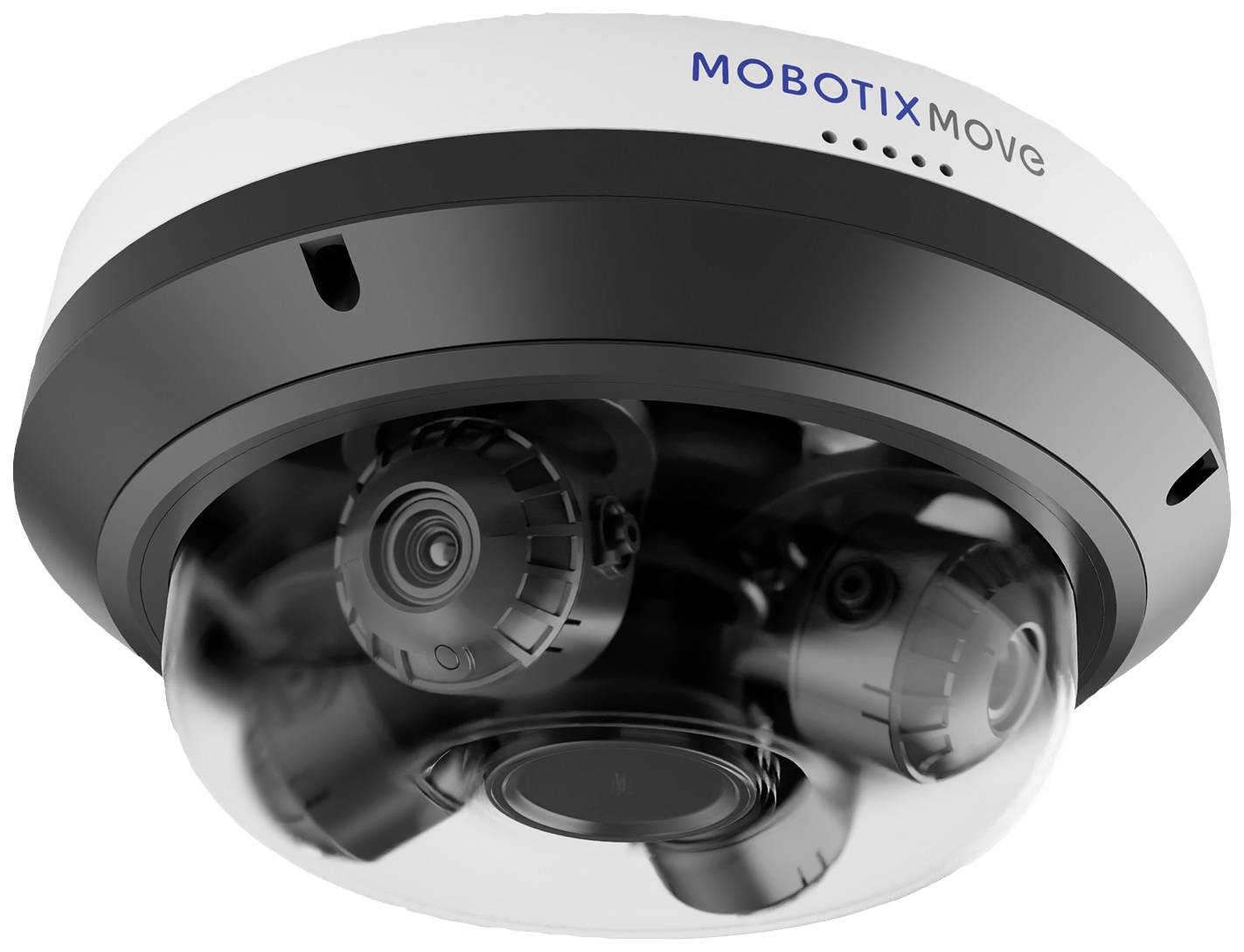 Bezpečnostní kamera Mobotix, model 'Move', zobrazuje kulovitou kameru s několika čočkami a mikrofonem určenou pro bezpečnostní sledování.