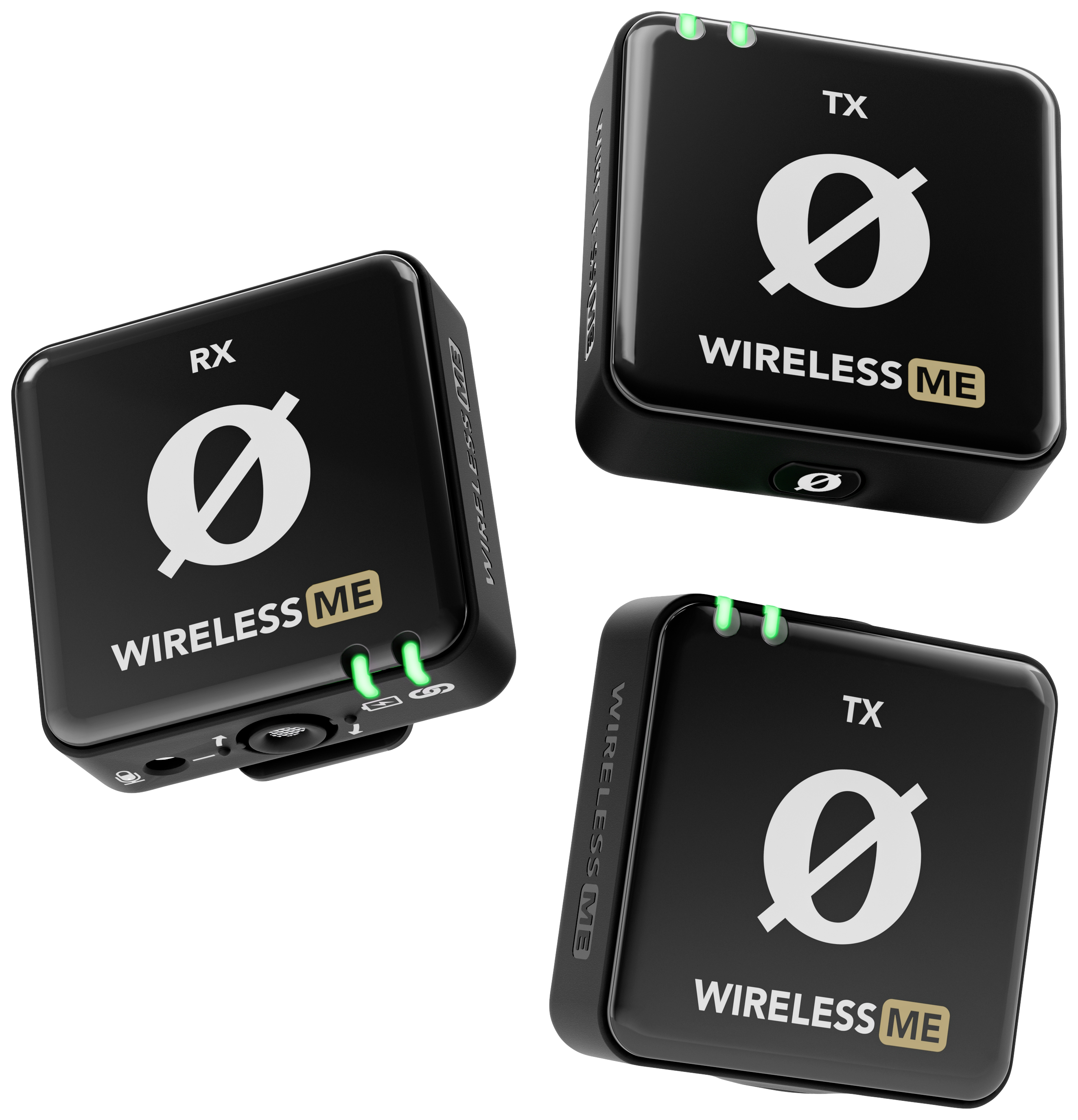 Tři černé bezdrátové audiotransmitery a přijímače, každý s nápisem "Wireless ME" a svítícími indikátory.