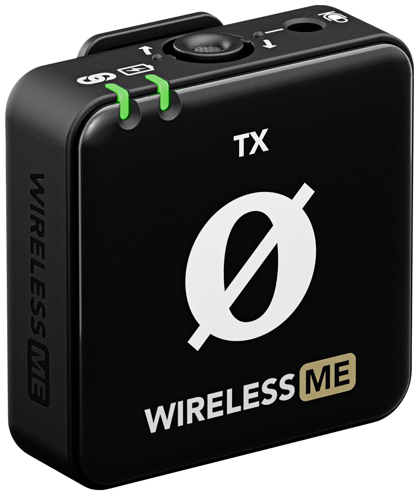 Černý, čtvercový bezdrátový mikrofon s nápisem 'WIRELESS ME' a 'TX'. Na horní straně dva zelené kontrolní indikátory.
