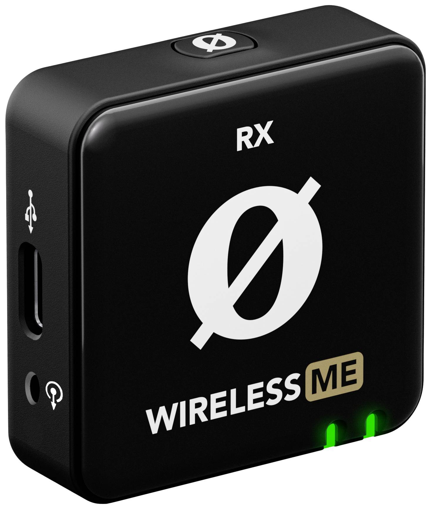 Kompaktní, černý bezdrátový audio přijímač s nápisem 'RX', logem Ø a nápisem 'WIRELESS ME'. Zobrazuje USB port a dvě zelené LED diody.
