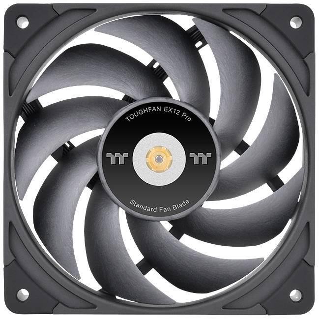 Černošedý počítačový ventilátor s devíti lopatkami a centrálním logem. Značka 'TOUGHFAN EX12 Pro', poznámka 'Standardní vrtule ventilátoru'.