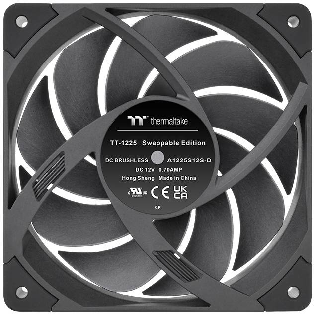 Černý počítačový ventilátor s logem značky 'Thermaltake' a označením modelu 'TT-1225 Swappable Edition'.