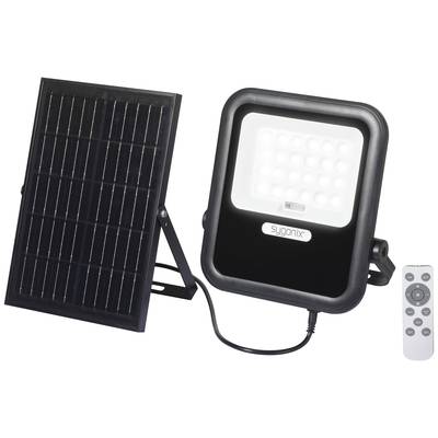 Solární LED reflektor se samostatným solárním panelem a dálkovým ovládáním, vhodný pro energeticky úsporné venkovní osvětlení.