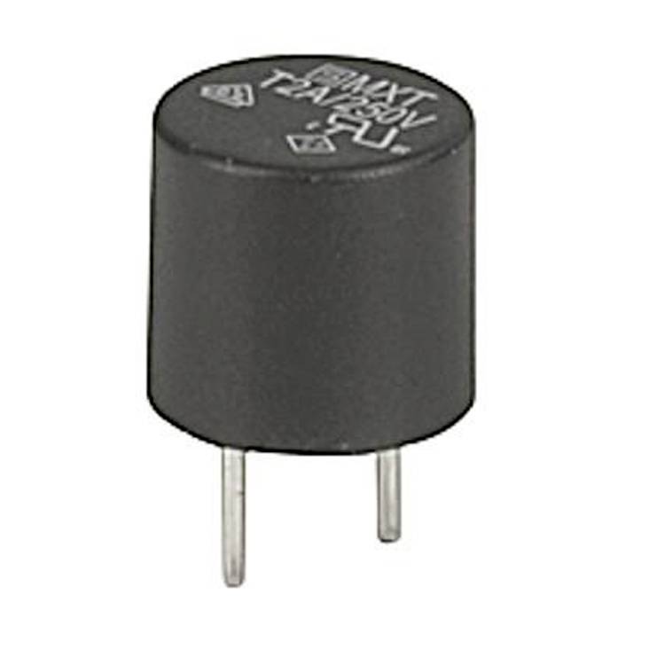 Černý elektrolytický kondenzátor se dvěma vývodními kolíky, horní strana s bílým popisem.