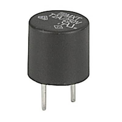 Černý elektrolytický kondenzátor se dvěma vývodními kolíky, horní strana s bílým popisem.