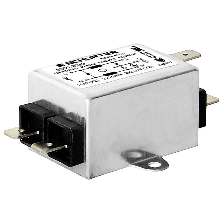 Obdélníkový elektrický filtr od společnosti Schurter se dvěma zástrčkovými konektory a malou montážní přírubou na spodní straně.