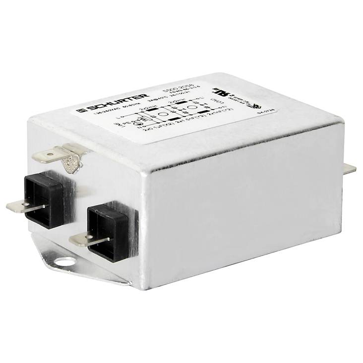 Pravoúhlý elektrický odrušovací filtr se dvěma černými zástrčnými konektory a označením na horní straně. Stříbrný kovový kryt.