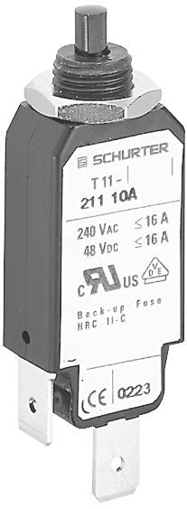 Černý, obdélníkový jistič značky Schurter, model 'T11', se specifikacemi: 240 Vac, 16 A, 48 Vdc.