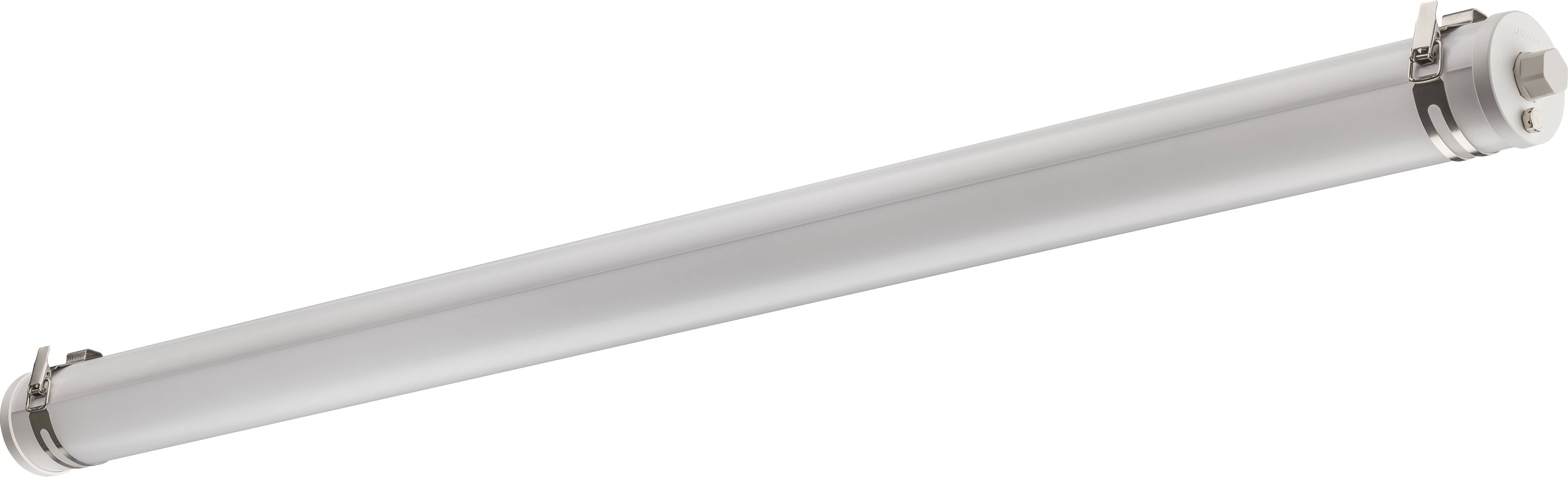 Bílé LED trubicové svítidlo s válcovým krytem a dvěma kovovými sponkami na koncích, určené pro upevnění nebo montáž.