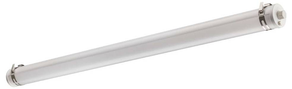 Prodloužené horizontální LED trubkové světlo s kovovými koncovkami na obou stranách, vhodné pro průmyslové nebo komerční využití.
