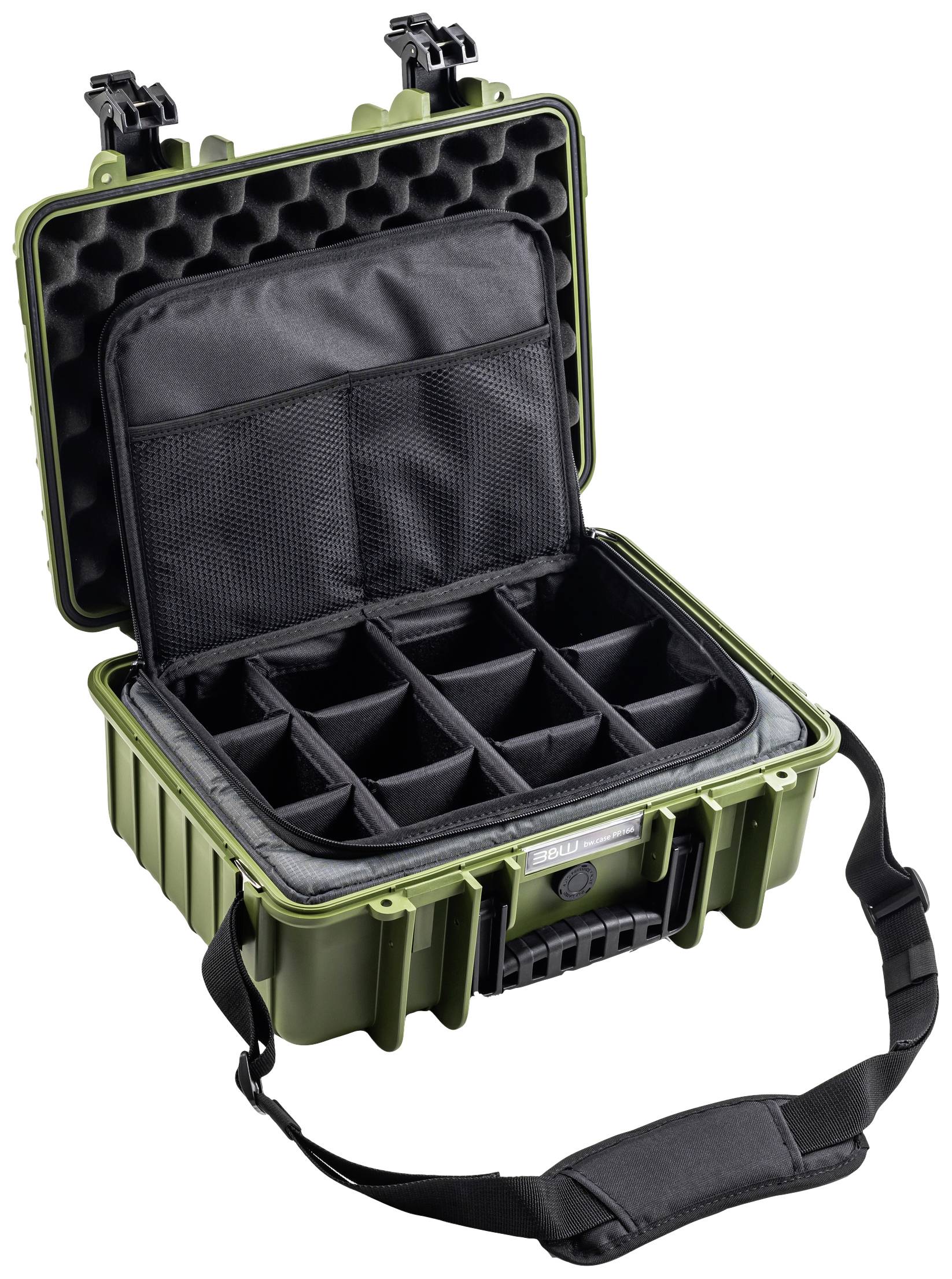 Zelená, robustní přepravní brašna s polstrovanými přihrádkami a ramenním popruhem, navržená pro bezpečný transport citlivého vybavení.