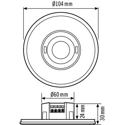 Technický výkres kulatého reproduktoru; pohled shora ukazuje průměr 104 mm, boční pohled s hloubkou 60 mm a výškou 30 mm.