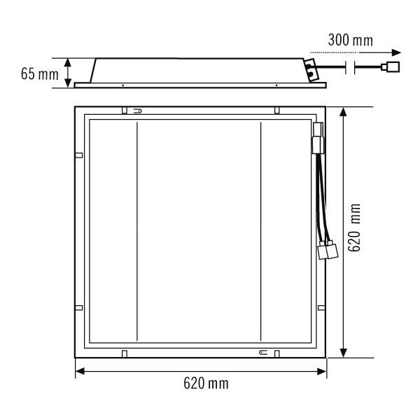 Obrázek znázorňuje technický výkres čtvercového LED panelu. Rozměry: 620 x 620 mm. Je 65 mm hluboký a má 300 mm dlouhý kabel.