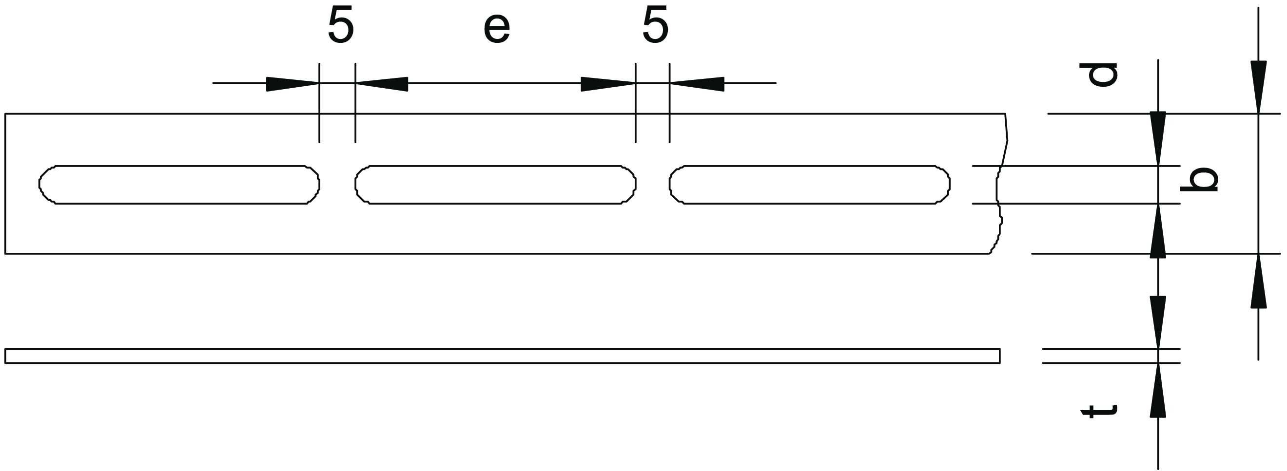 Diagram kovového profilu s rozměry: délka sekcí '5', rozteč 'e', celková výška 'd'; šířka 'b', tloušťka materiálu 't'.