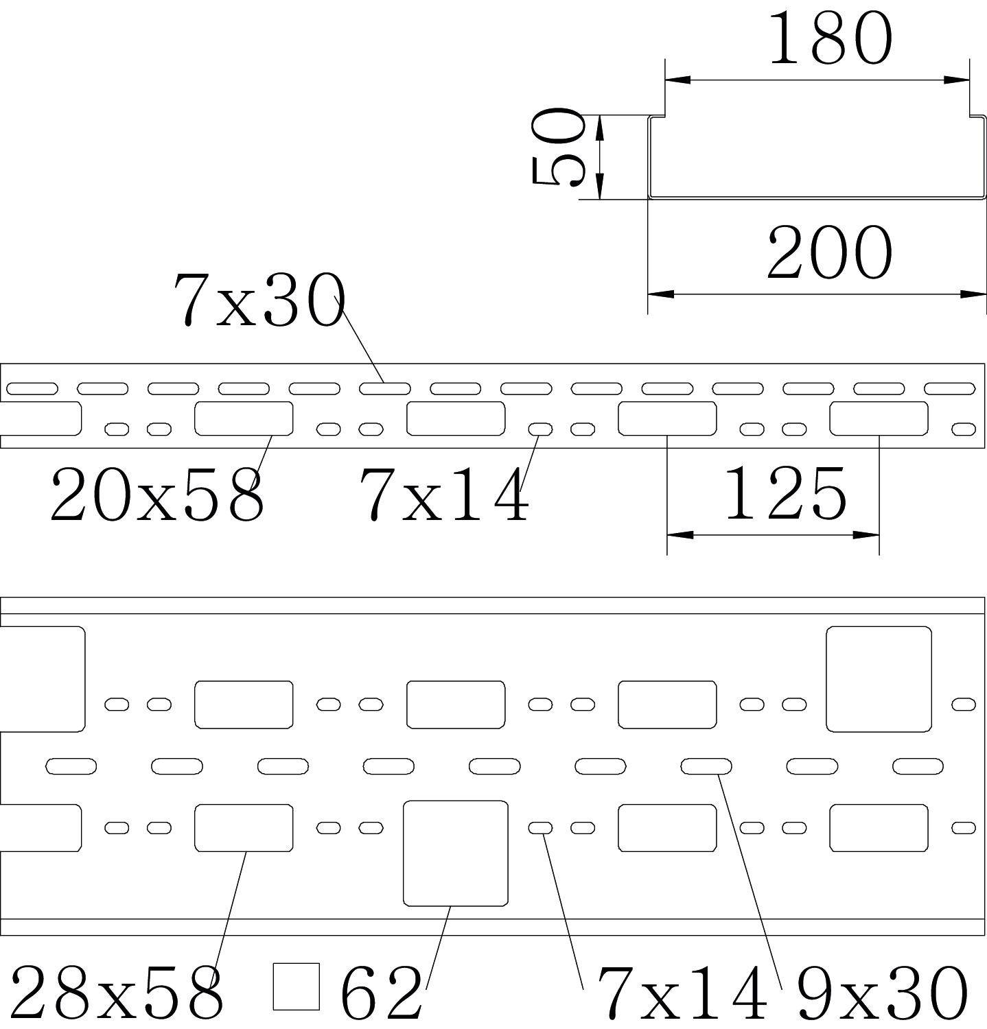 Technický výkres zobrazuje detaily kovové desky s rozměry 200x50 mm, otvory 7x30 mm a 7x14 mm, výřezy 20x58 mm a 28x58 mm.