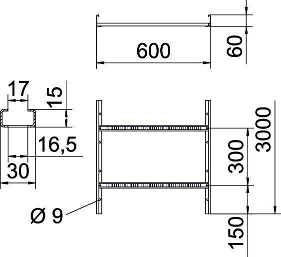 Technický výkres regálu s rozměry: šířka 600 mm, výška 3000 mm, hloubka 300 mm. Další detail: průměr trubky 9 mm.