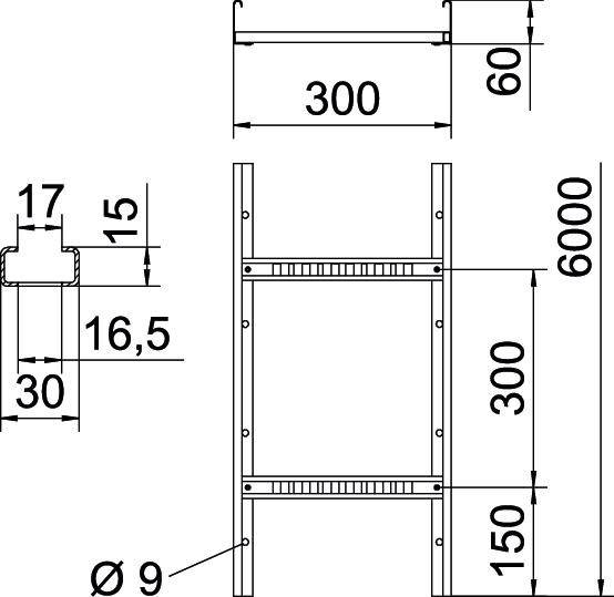 Technický výkres police s rozměry: výška 6000 mm, šířka 300 mm, hloubka 60 mm, vzdálenost mezi policemi 300 mm.