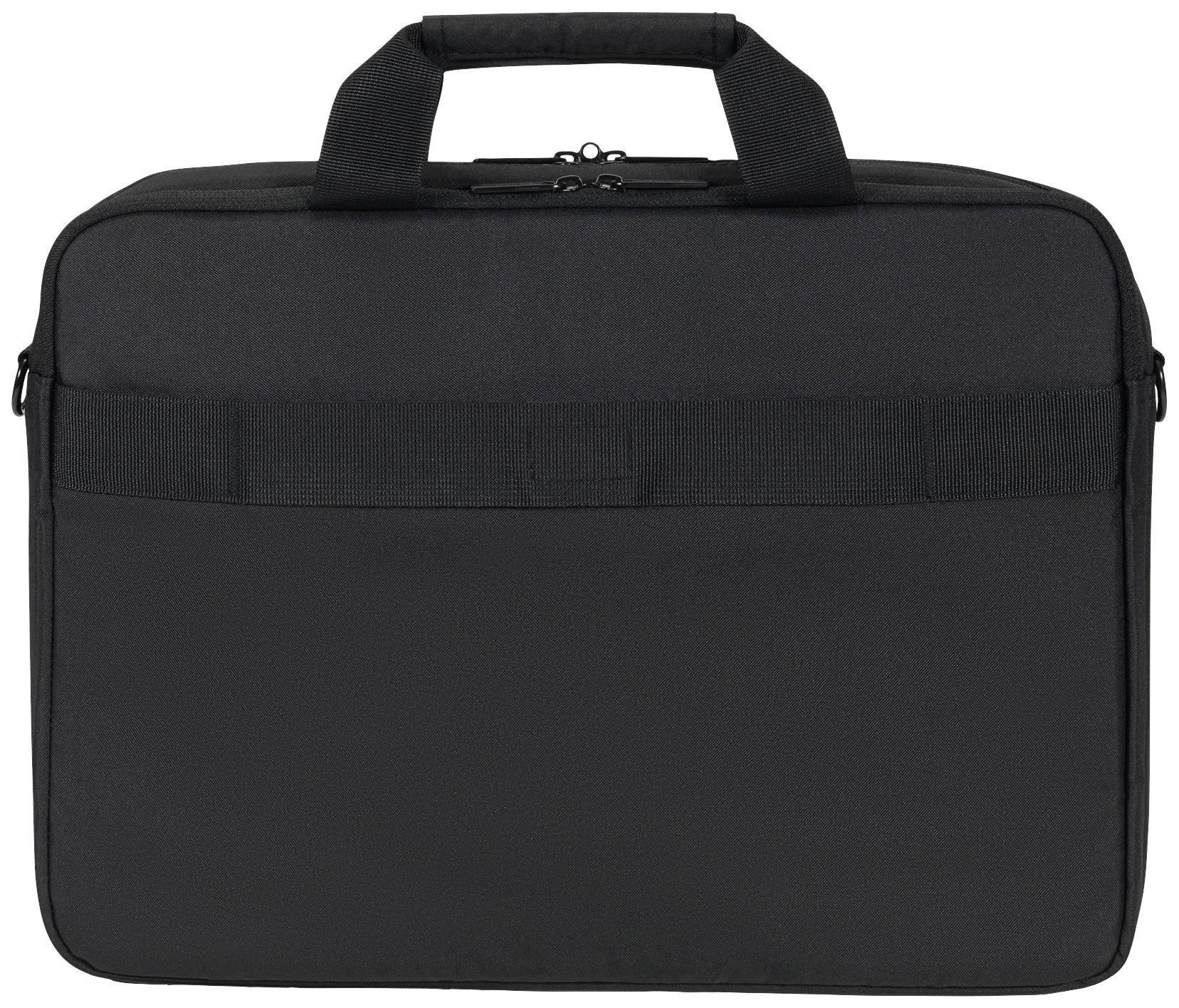 Černá laptopová taška s rukojetí, obdélníkového tvaru. Ideální pro přepravu laptopů a dokumentů.