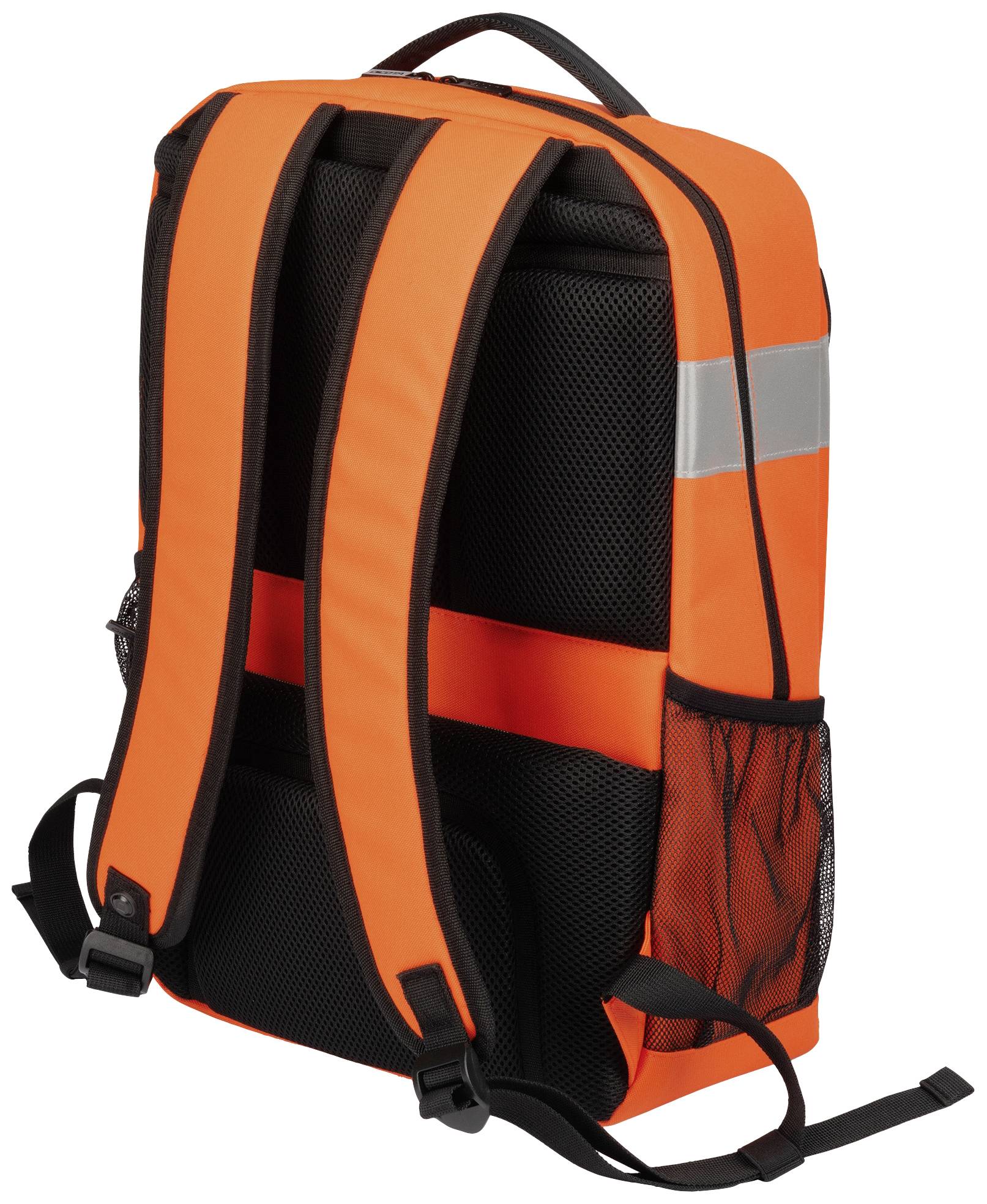 Oranžový batoh s reflexními pruhy a síťovanými postranními kapsami, vhodný pro outdoorové aktivity.