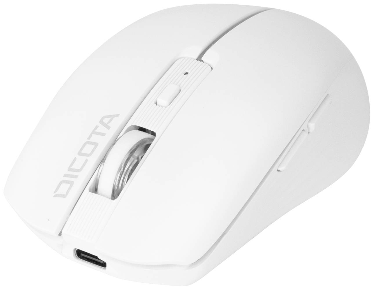 Bílá bezdrátová počítačová myš značky Dicota s bočními tlačítky a kolečkem pro posun. Vhodná pro přesnou navigaci a ergonomický design.