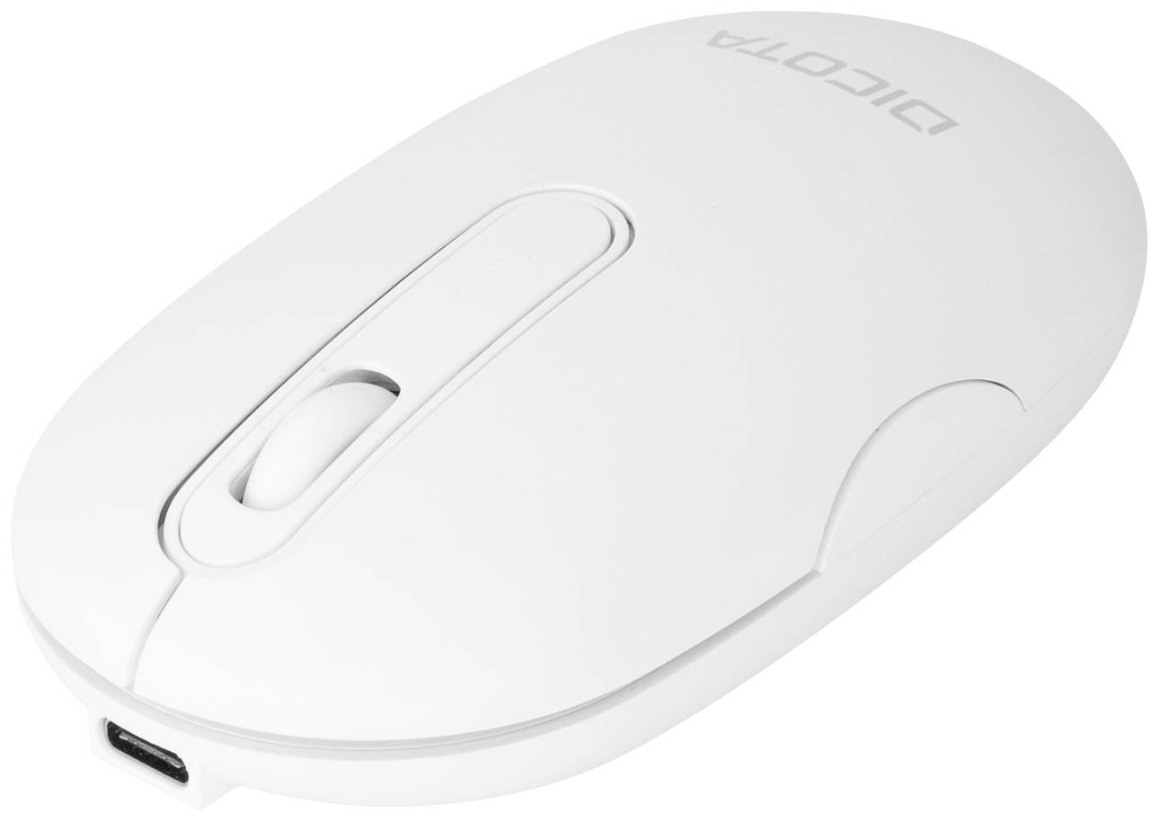 Bílá bezdrátová počítačová myš s hladkým povrchem a integrovaným USB-C konektorem, viditelný název značky 'Dicota'.