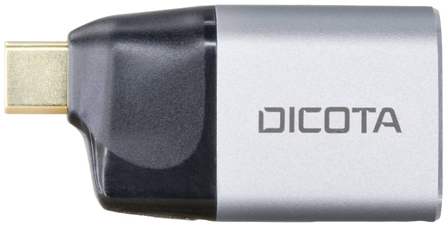USB-C adaptér od Dicota v černé a stříbrné barvě. Kompaktní design, vhodný pro zařízení s USB-C připojením.