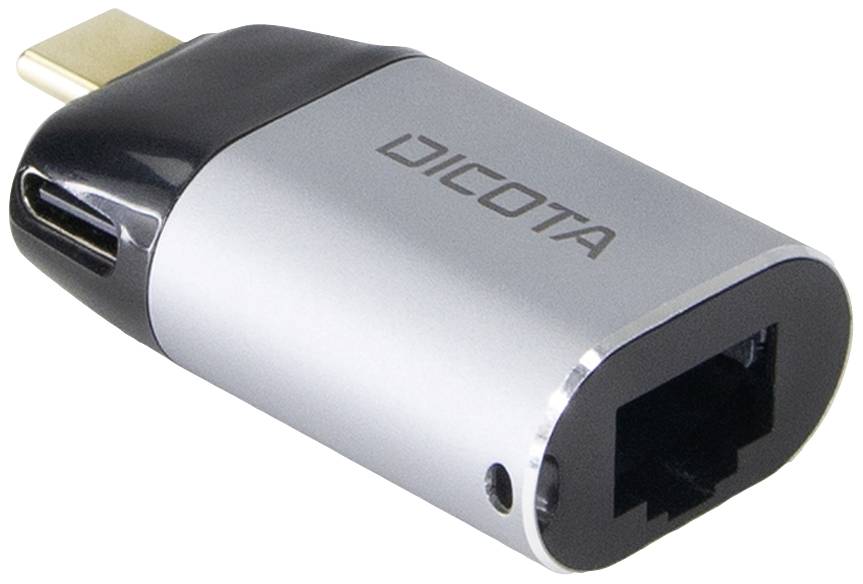 USB-C ethernet adaptér v stříbrné barvě s černým zakončením. Označení 'DICOTA' na straně. Dostupné konvertorové porty jsou USB-C a Ethernet.