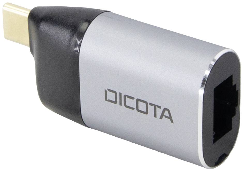 Síťový adaptér USB-C na Ethernet v černé a stříbrné barvě s potiskem 'DICOTA'.