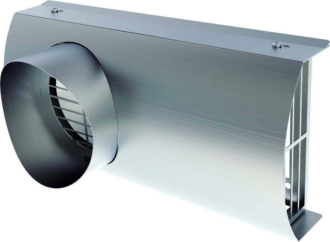 Stříbrný větrací kanál s kulatým otvorem a mřížkou na zadní straně. Vhodný pro proudění vzduchu v topných nebo ventilačních systémech.