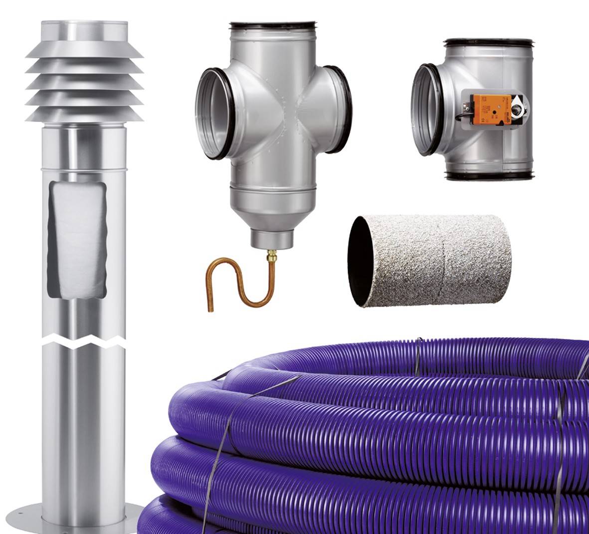 Části ventilačního systému: nerezový větrací šacht, T-kus, senzorová trubka a fialové flexibilní potrubí, izolovaná přípojka nahoře vpravo.