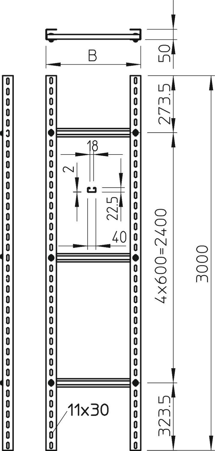 Technický výkres regálového systému s rozměry: výška 3000 mm, šířka variabilní 'B', hloubka 225 mm. Obsahuje detaily perforovaných vzorů.