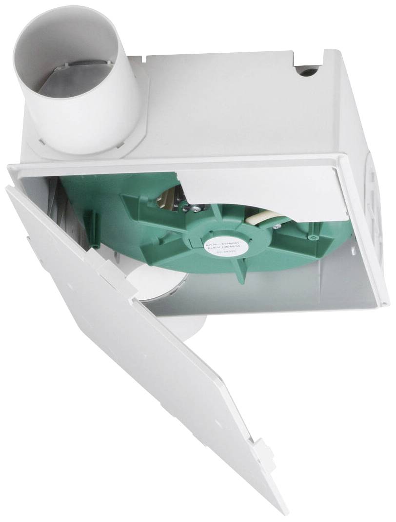 Bílé větrací zařízení s otevřeným krytem ukazuje zelený ventilátor uvnitř. Je určeno pro montáž na stěny.