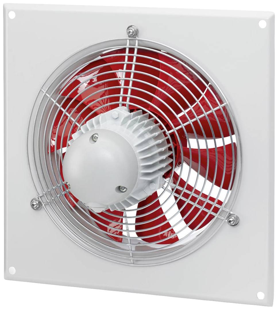 Čtvercový nástěnný ventilátor s červenou vrtulí za ochranným košem.