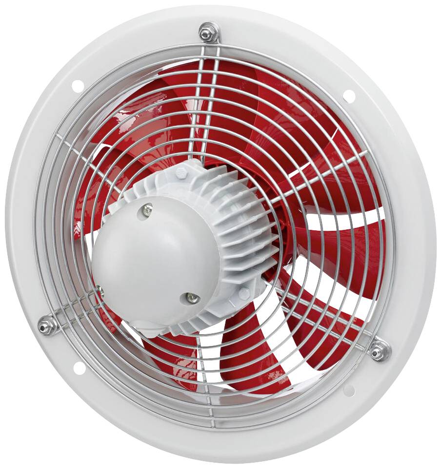 Kulatý bílý ventilátor s červenými listy a ochrannou mřížkou. Ventilátor je vhodný pro montáž na stěnu nebo strop.