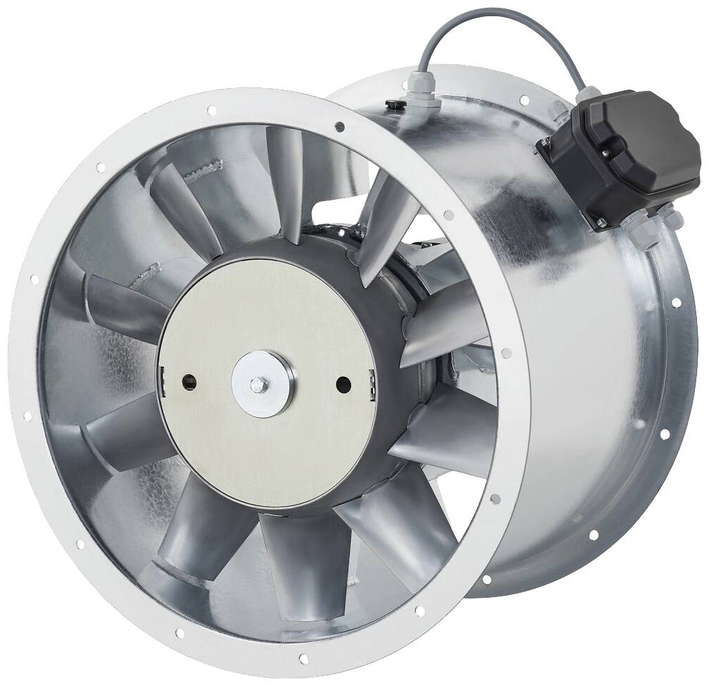 Stříbrný válcový ventilátor s několika lopatkami a černým motorovým krytem, vhodný pro průmyslové větrání.