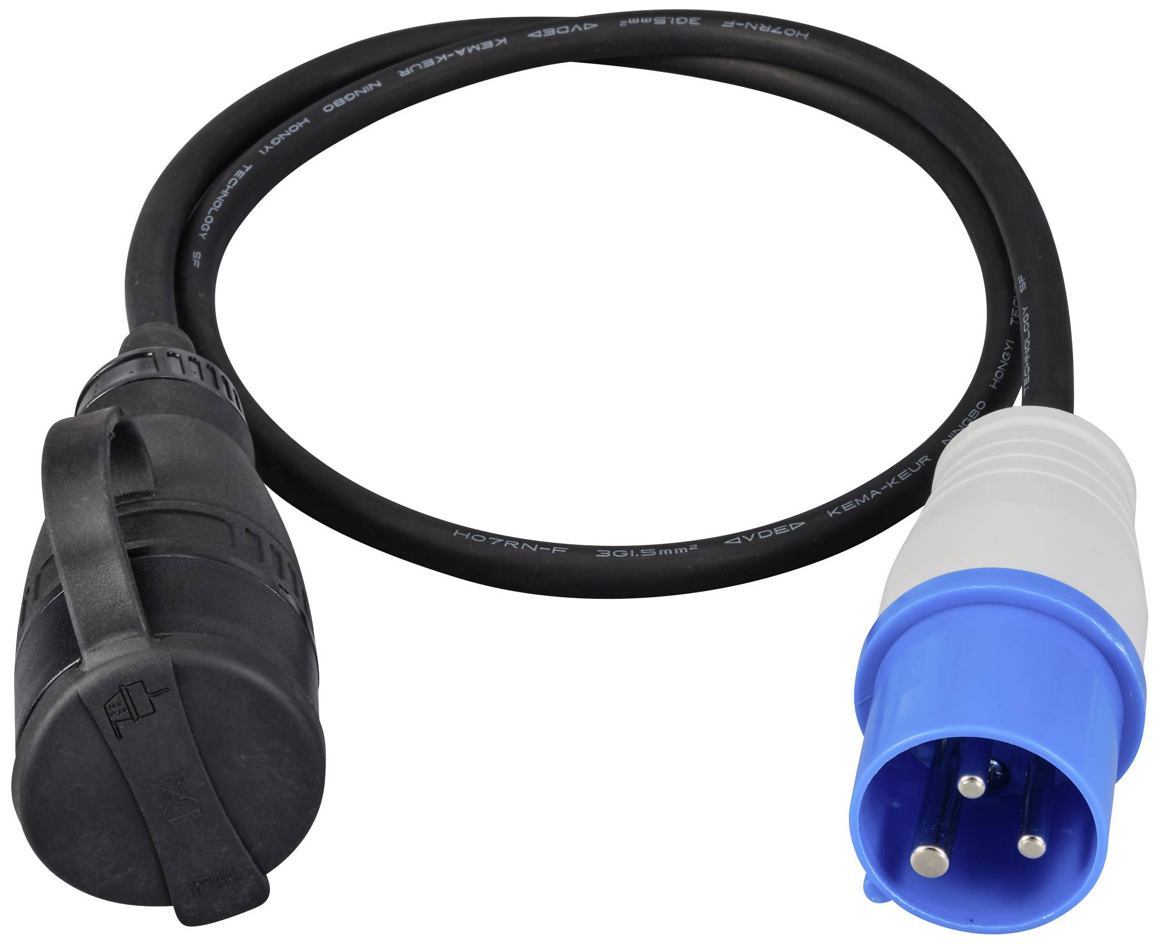Napájecí adaptérový kabel s modrým třípólovým konektorem vlevo a černou zásuvkou vpravo, používaný pro průmyslové aplikace.