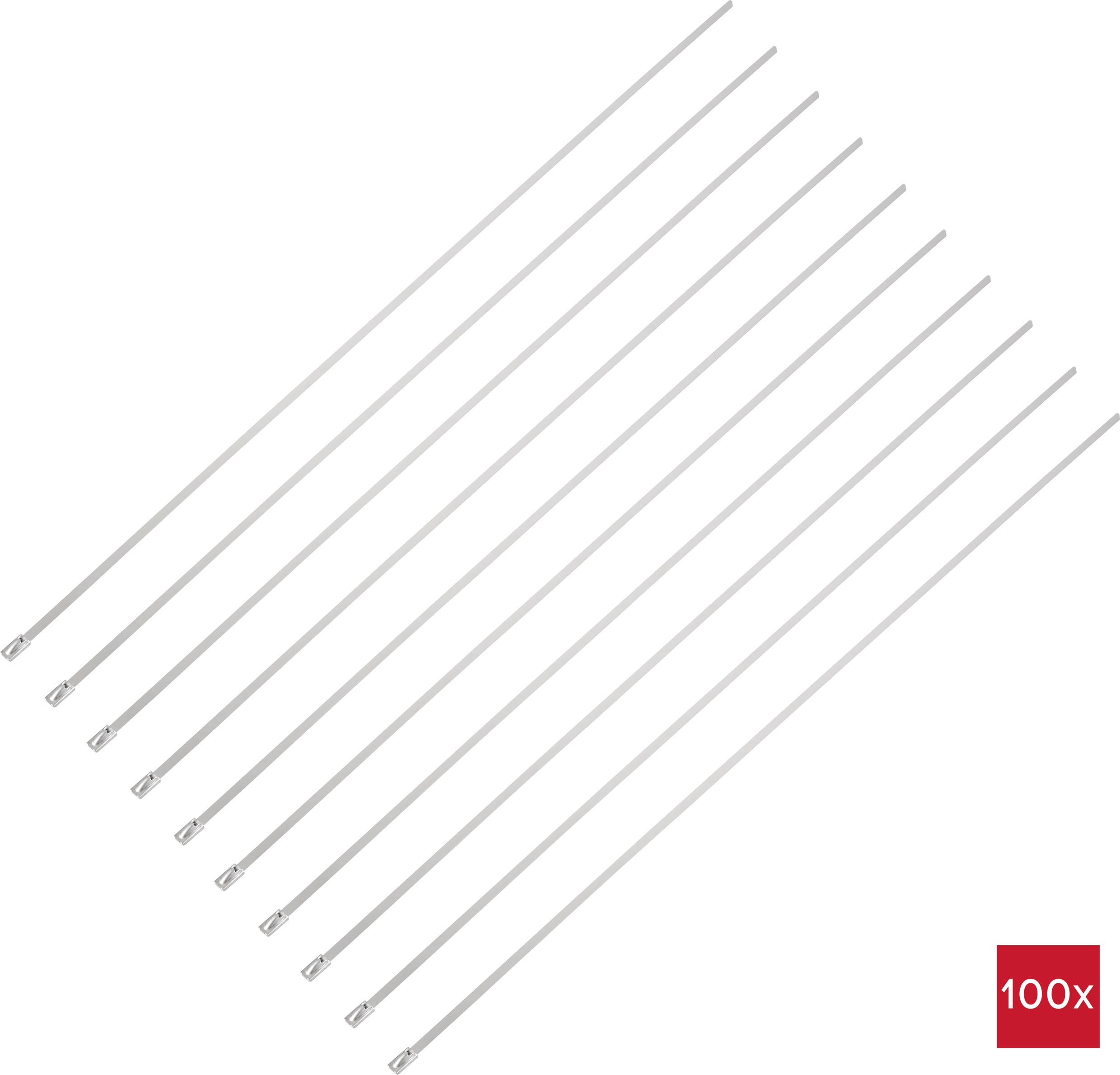 Deset stříbrných kovových tyčí na bílém pozadí, uspořádaných diagonálně. Červený čtverec s nápisem '100x' v dolním pravém rohu.