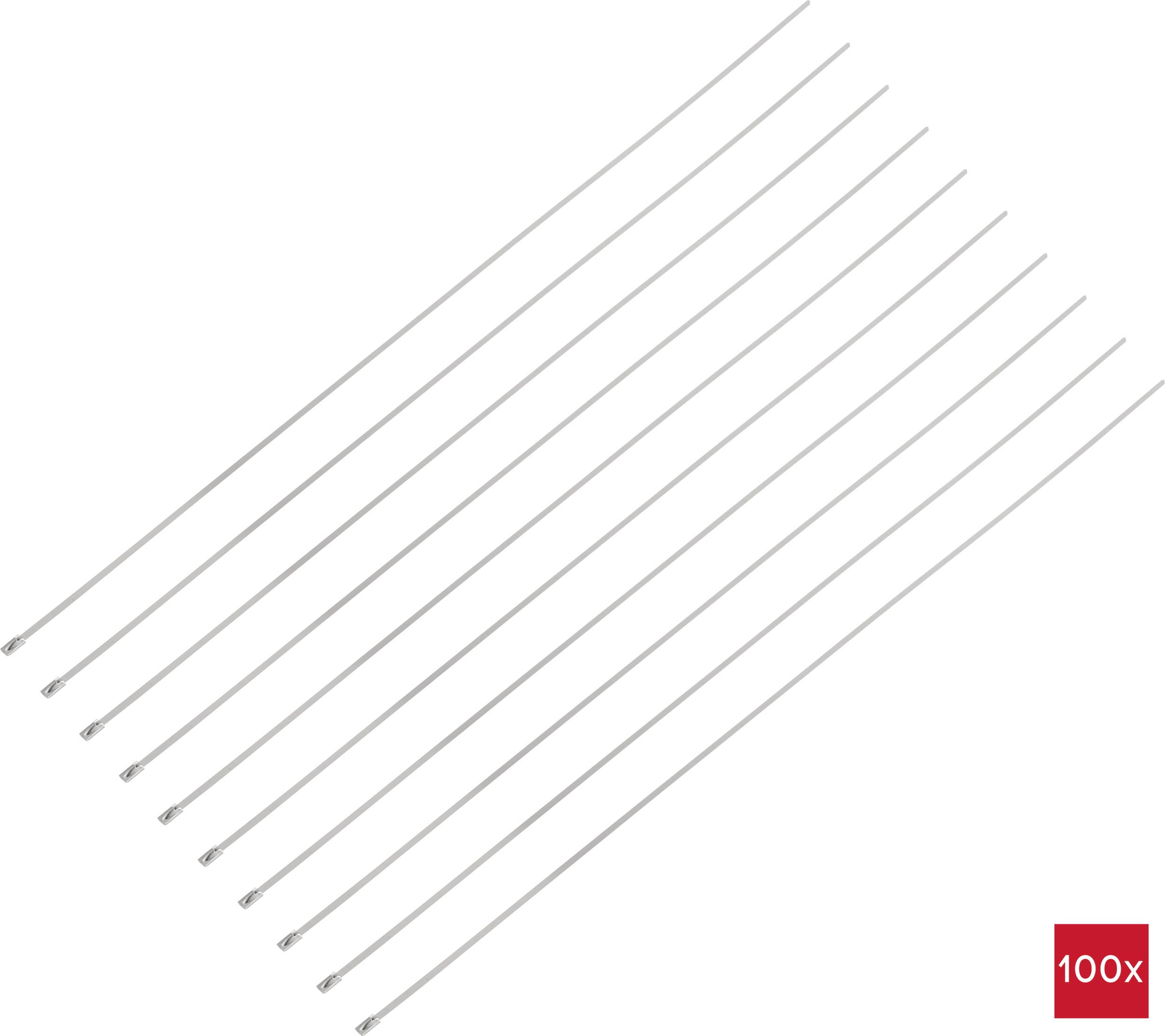 Deset stříbrných kabelových svázek v diagonálním uspořádání. Červené pole v rohu s nápisem '100x', které ukazuje balené množství.