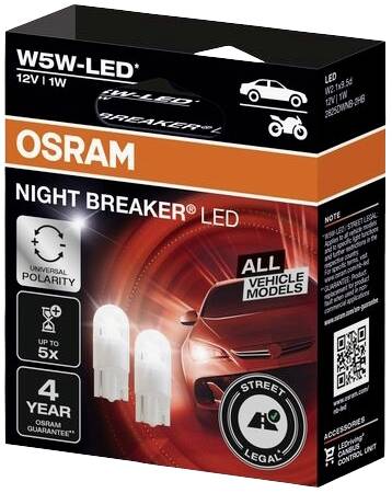 Obal ukazuje LED autožárovky OSRAM NIGHT BREAKER. Vhodné pro všechny modely vozidel. Až 5x více světla, 4 roky záruky.